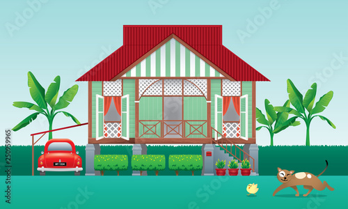 A beautiful traditional wooden Malay style village house. With an antique car. Caption: happy Hari Raya. Vector.