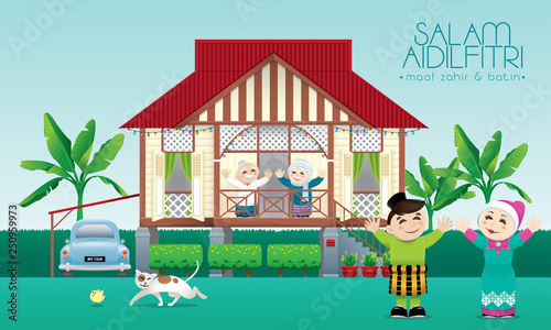 A Muslim family celebrating Raya festival in their traditional Malay style house. Caption: happy Hari Raya. Vector.