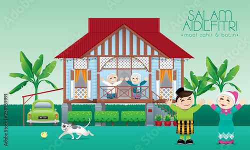 A Muslim family celebrating Raya festival in their traditional Malay style house. Caption: happy Hari Raya. Vector.