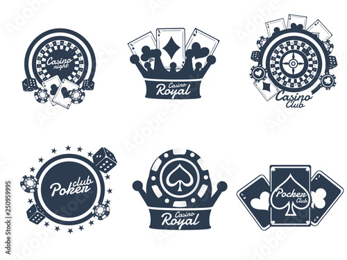 Typography, badge or emblem set of Casino Night with gambling element on white background.