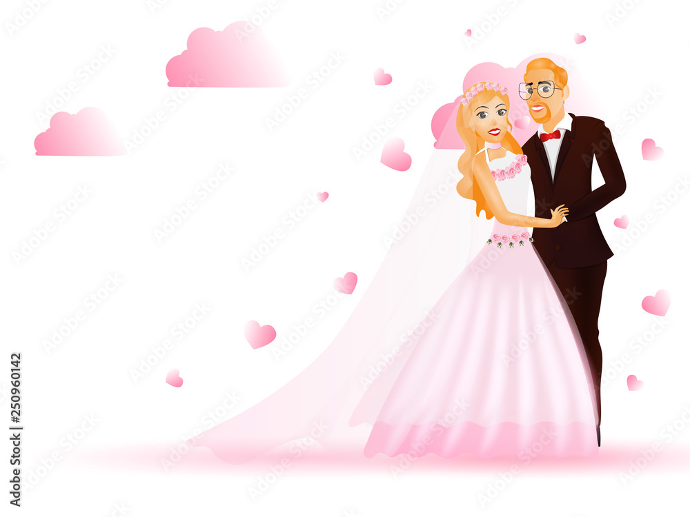 Romantic couple character in standing pose on heart decorated background. Romantic couple character in standing pose on heart decorated background.