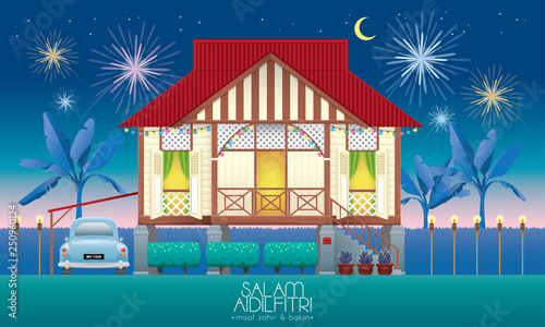 A beautiful traditional wooden Malay style village house. With an antique car. Caption: happy Hari Raya. Vector.