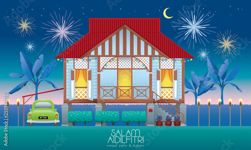 A beautiful traditional wooden Malay style village house. With an antique car. Caption: happy Hari Raya. Vector.