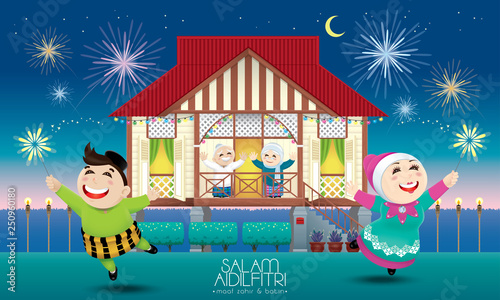 A Muslim family celebrating Raya festival in their traditional Malay style house. Caption: happy Hari Raya. Vector.