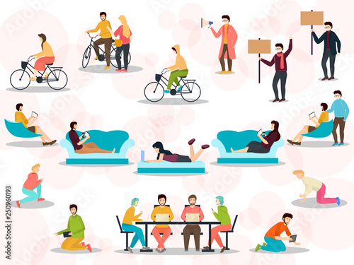 Group of people, male and female performing indoor and outdoor activities. Flat style people character set.