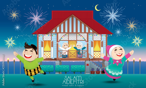 A Muslim family celebrating Raya festival in their traditional Malay style house. Caption: happy Hari Raya. Vector.