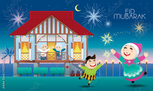 A Muslim family celebrating Raya festival in their traditional Malay style house. Caption: happy holiday. Vector.