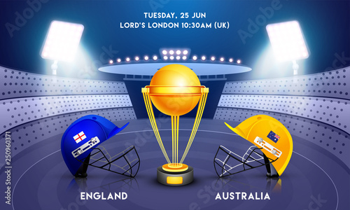 Match England vs Australia with illustration of realistic cricket attire helmets and champion trophy on night stadium background for cricket match tournament poster or banner design.