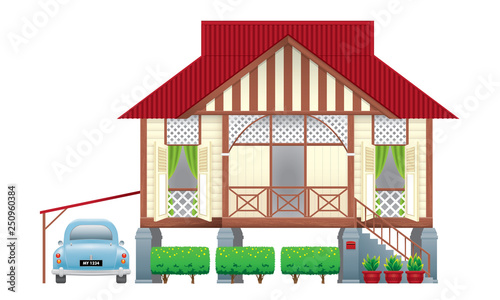 A beautiful traditional wooden Malay style village house. With an antique car. Isolated. Vector. 