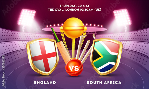 England vs South Africa cricket match poster design  participants countries flag shields  cricket bat  ball and champion trophy on night stadium view background.