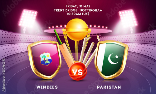 Banner or poster design, cricket tournament participant country Windies vs Pakistan with cricket bat, ball and champion trophy illustration on night stadium view background. photo