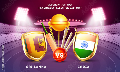 Advertising banner or poster design with cricket tournament participant country Sri Lanka vs India with cricket equipments on night stadium view background.