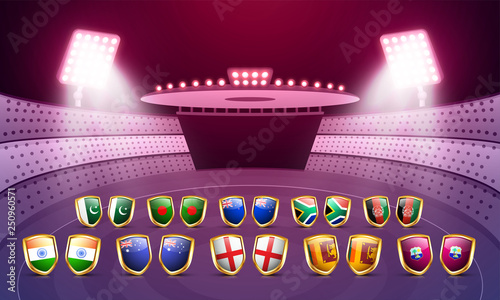 Participants country flag shields illustration on night stadium view background, poster or banner design for Cricket tournament.
