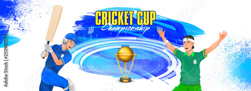 Cricket Cup Championship header or banner design, cricket player in different playing action with golden trophy on stadium background.