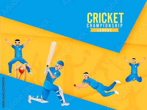 Cricket Championship league poster or banner design with cricket players in playing action on yellow and blue abstract background.