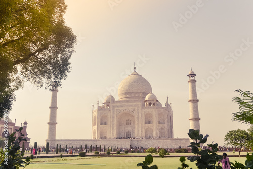 Agra, India, Jan 2019: The Taj Mahal, "Crown of the Palaces", "jewel of Muslim art" in evening Sunlight reflection. Its a mausoleum of Mughal emperor Shah Jahan, built for favourite wife Mumtaz Mahal