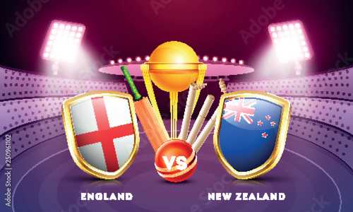 Cricket match between England vs New Zealand with illustration of country flag shields, golden trophy and cricket bat on night stadium view background.