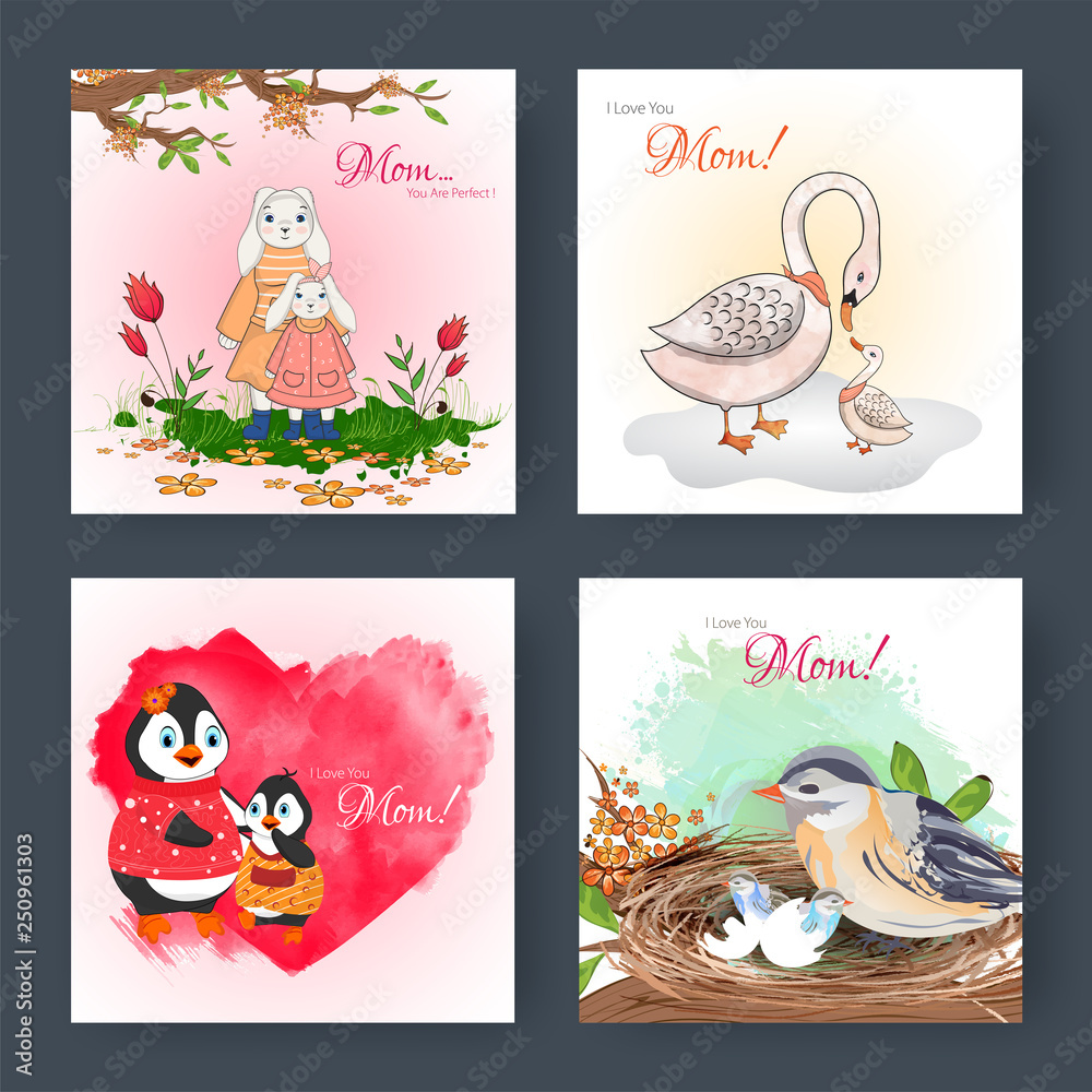 Fototapeta premium Mother's Day greeting card set with cute animals character.