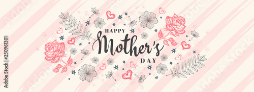 Beautiful rose flowers and leaves decorated on stripe background with stylish lettering of Mother's Day. Header or banner design.
