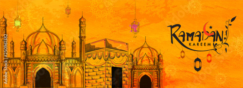 Ramadan kareem celebration header or banner design with hand drawn mosque with holy kaaba on orange texture background.