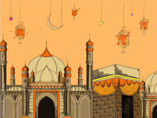 Illustration of holy mosque with kaaba and hanging ornaments for Islamic festival Ramadan Kareem celebration concept poster or banner design.