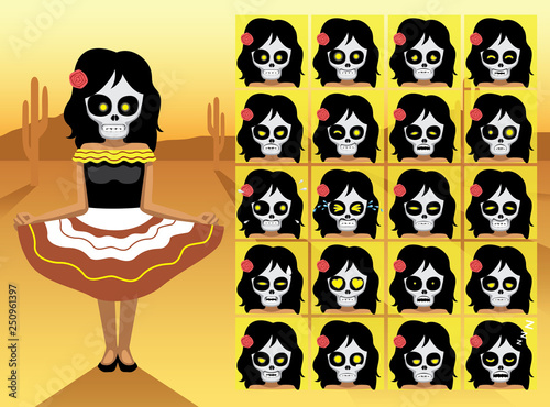 Dia de Los Muertos Day Dead Skull Girl Cartoon Emotion faces Vector Illustration