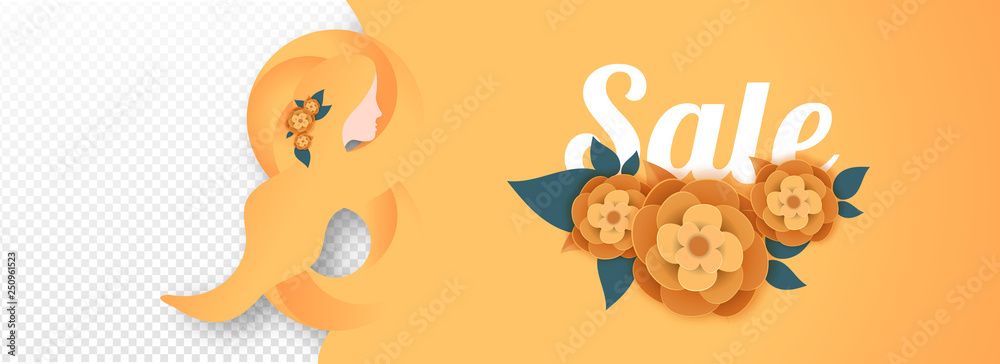 Sale header or banner design with stylish text 8 march and paper cut flowers for Women's Day celebration.
