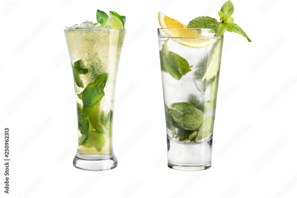 Mojito cocktail. Set of two mojito in glass goblets on a white background. Mojito cocktail. Set of two mojito in glass goblets on a white background.