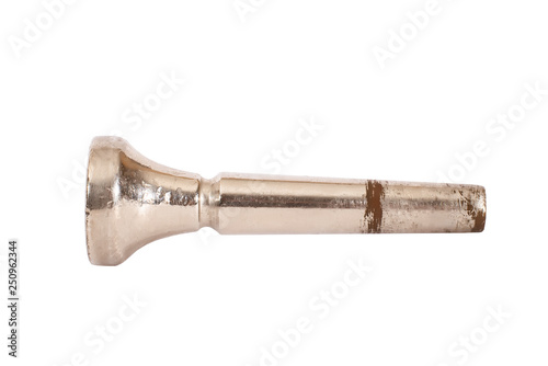 Old iron mouthpiece from wind instruments on white isolated background