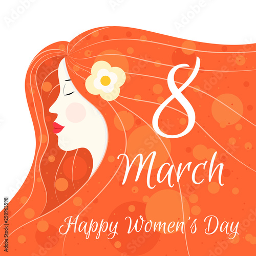 cute card, banner, poster for the holiday of women's day on March 8, vector illustration of a portrait of a beautiful redheaded girl. Happy Mother's Day. Background. Wallpaper. EPS10 vector.