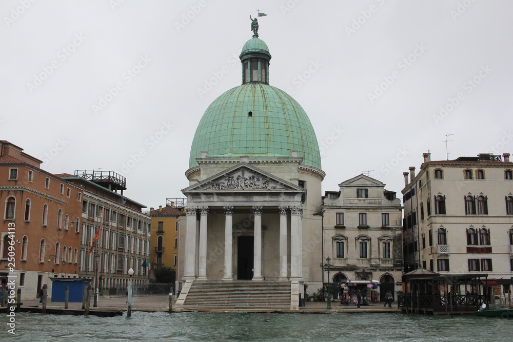 Chiesa di San simeon Piccolo ponte degli scalzi, Christian Church   attractive ancient green dome building, one of wonderful place for day trip boat Ferry terminal at Grand Canal Venice, Italy