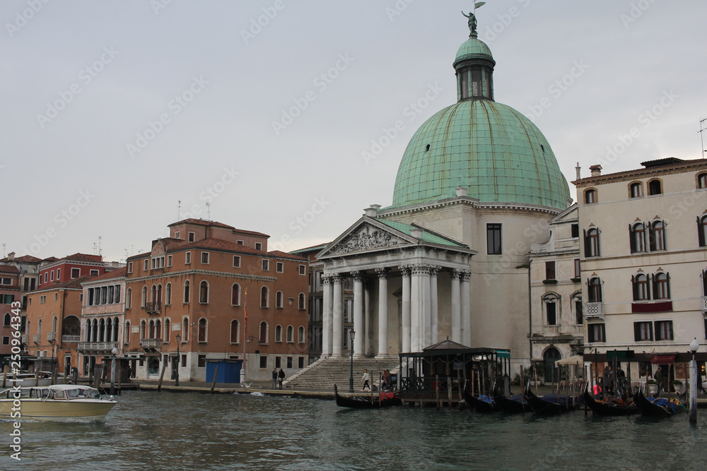 Chiesa di San simeon Piccolo ponte degli scalzi, Christian Church   attractive ancient green dome building, one of wonderful place for day trip boat Ferry terminal at Grand Canal Venice, Italy