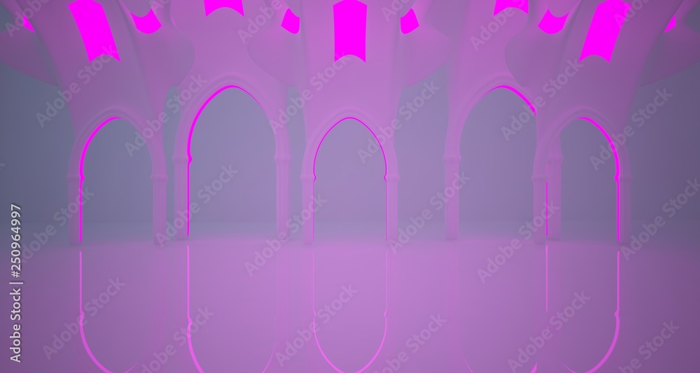Abstract white Futuristic Sci-Fi Gothic interior With Pink And Blue Glowing Neon Tubes . 3D illustration and rendering. Abstract white Futuristic Sci-Fi Gothic interior With Pink And Blue Glowing Neon Tubes . 3D illustration and rendering.