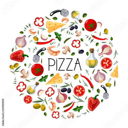 Banner for pizza box. Traditional different ingredients for italian pizza: vegetables, olive oil, herbs, disc knife.