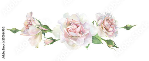 Three pink watercolor roses on a white background. For greetings and invitations, weddings, birthdays and mother's day
