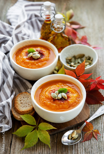 Bowls of pumpkin soup