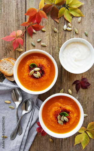 Bowls of pumpkin soup