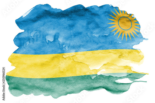 Rwanda flag  is depicted in liquid watercolor style isolated on white background photo