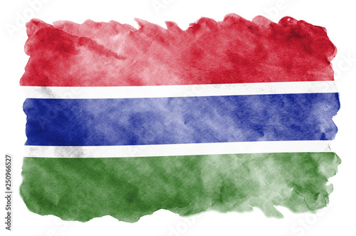 Gambia flag  is depicted in liquid watercolor style isolated on white background photo