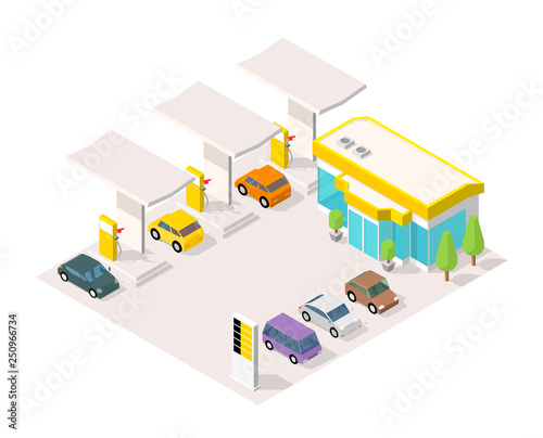 Filling station parking. Refilling fuel, road shop, repair service. Petroleum gas station and cars. Petrol tank, gasoline. Colorful vector isometric view.