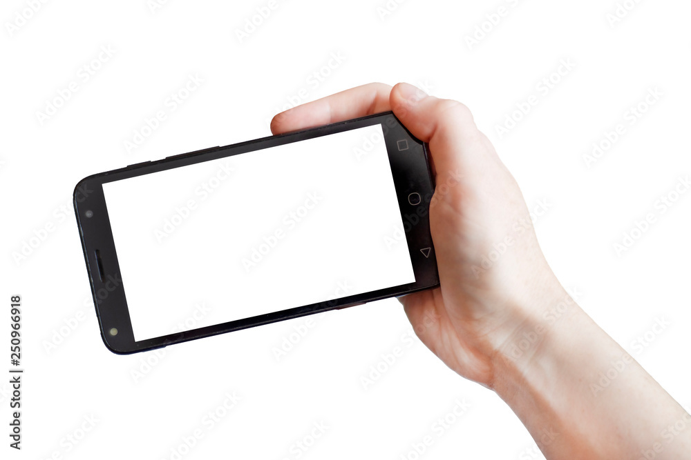 A hand holds the phone horizontally. Isolated on white background A hand holds the phone horizontally. Isolated on white background
