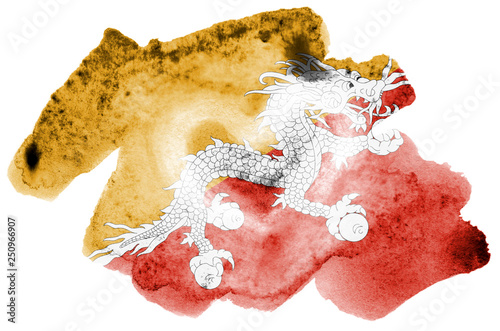 Bhutan flag  is depicted in liquid watercolor style isolated on white background