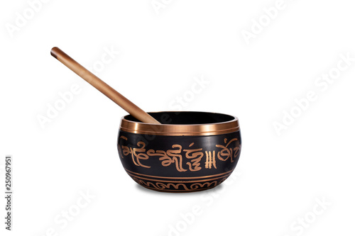 Singing yoga bowl, wood stick isolated white background