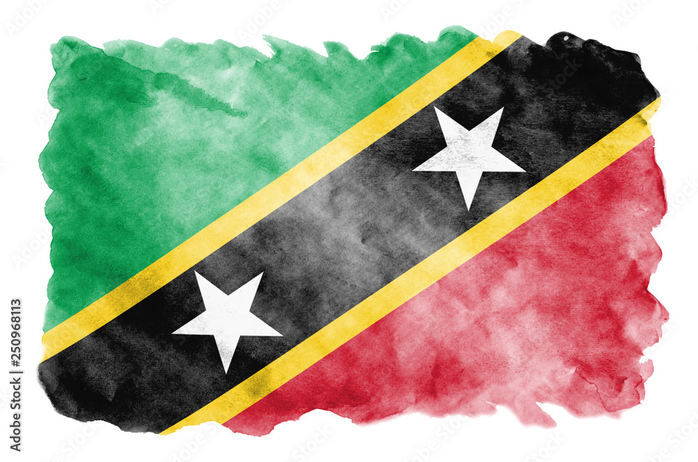 Saint Kitts and Nevis flag is depicted in liquid watercolor style isolated on white background