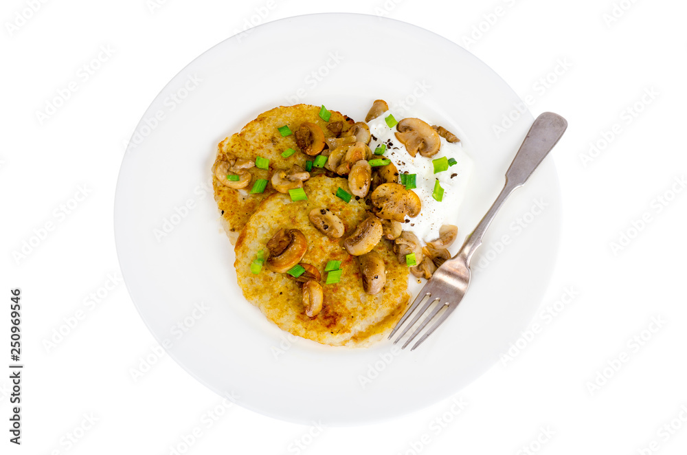 Plate with potato pancakes, fried mushrooms, isolated on white background.