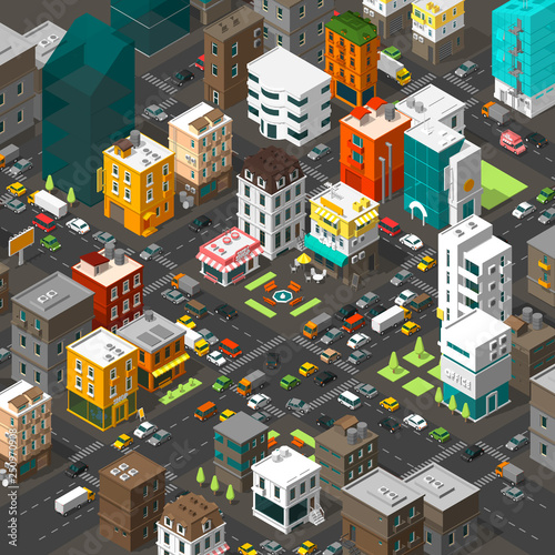 Vector isometric city. Cartoon town district. Street Intersection road 3d. Very high detail projection. Cars end buildings top view.