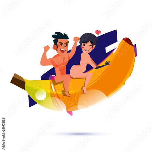 woman and men having fun on banana with condom. vector illustration