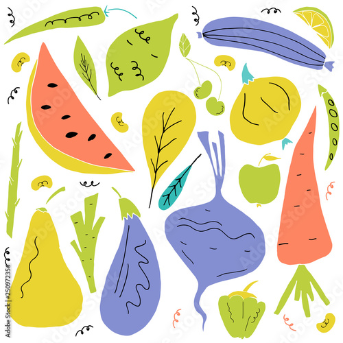 Vector set of fruit and vegetables in hand drawn cartoon style. Vegetarian concept