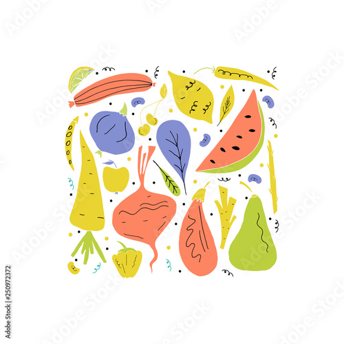 Vector set of fruit and vegetables in hand drawn cartoon style. Vegetarian concept