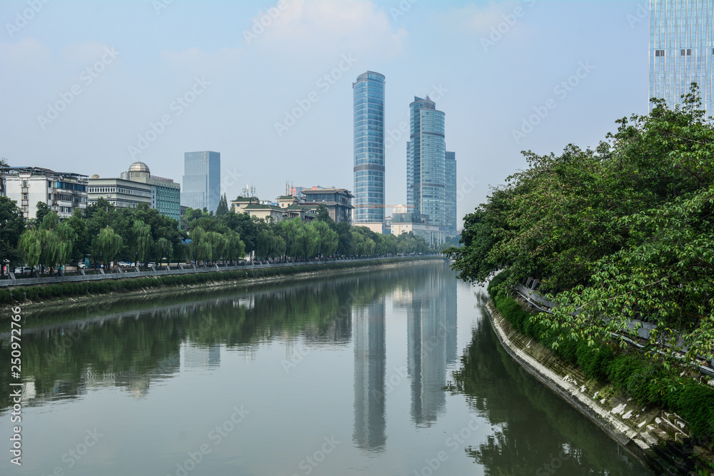 Business district with river in Chengdu, China